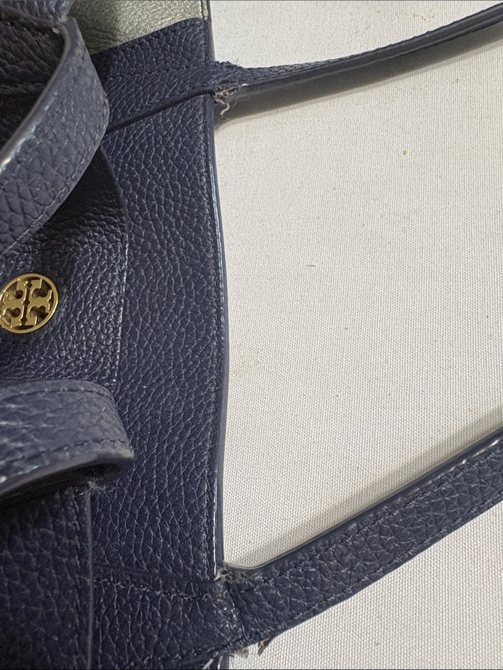 Tory Burch navy Pebbled Leather Tote with Logo Medallion 
17x11” bottom is 6” - Picture 9 of 9